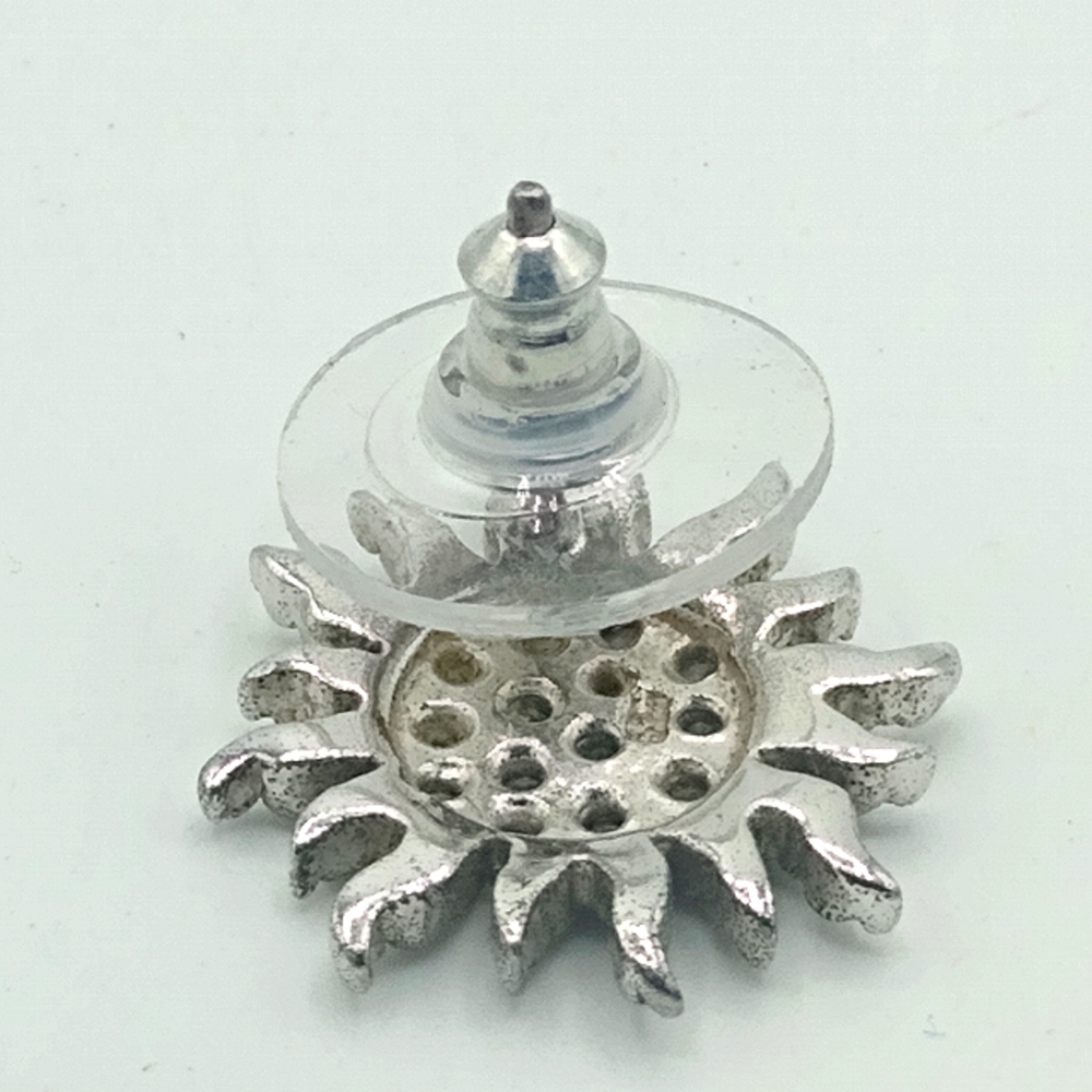 Silver Stamped S25 Starburst Sunburst Snowflake Rhinestone Post Back Earrings - Picture 6 of 7
